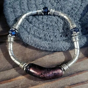 Handcrafted Edgy Silver Purple Foil Glass Crystal Stretch Bracelet